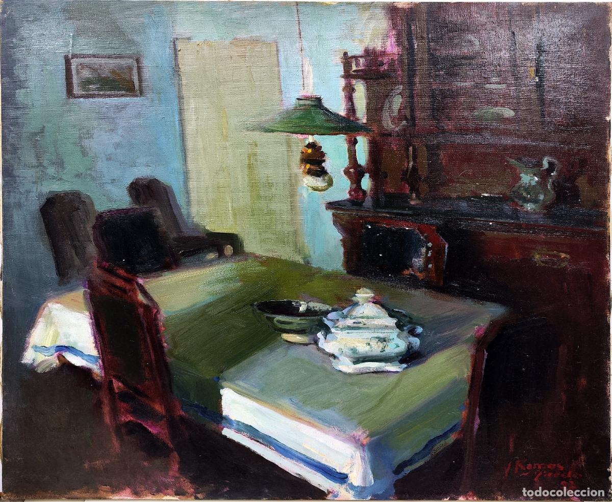 Arte: &Oacute;leo. Interior con mesa y vitrina. Jes&uacute;s Ramos Vicedo. 73 x 60 cm