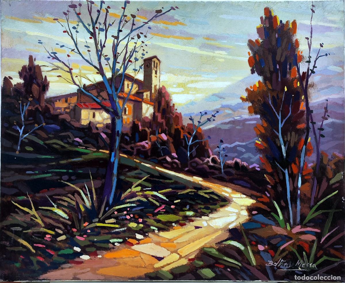 Arte: &Oacute;leo de Enric Beltr&aacute;n Messa. Paisaje rural con iglesia. 73 x 60 cm