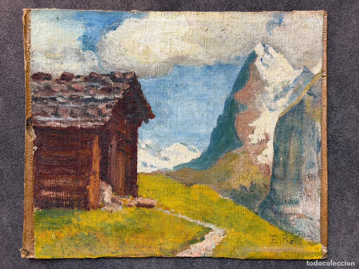Arte: &oacute;leo lienzo firmado E. Roth , Alpes , Suiza , 1930s.