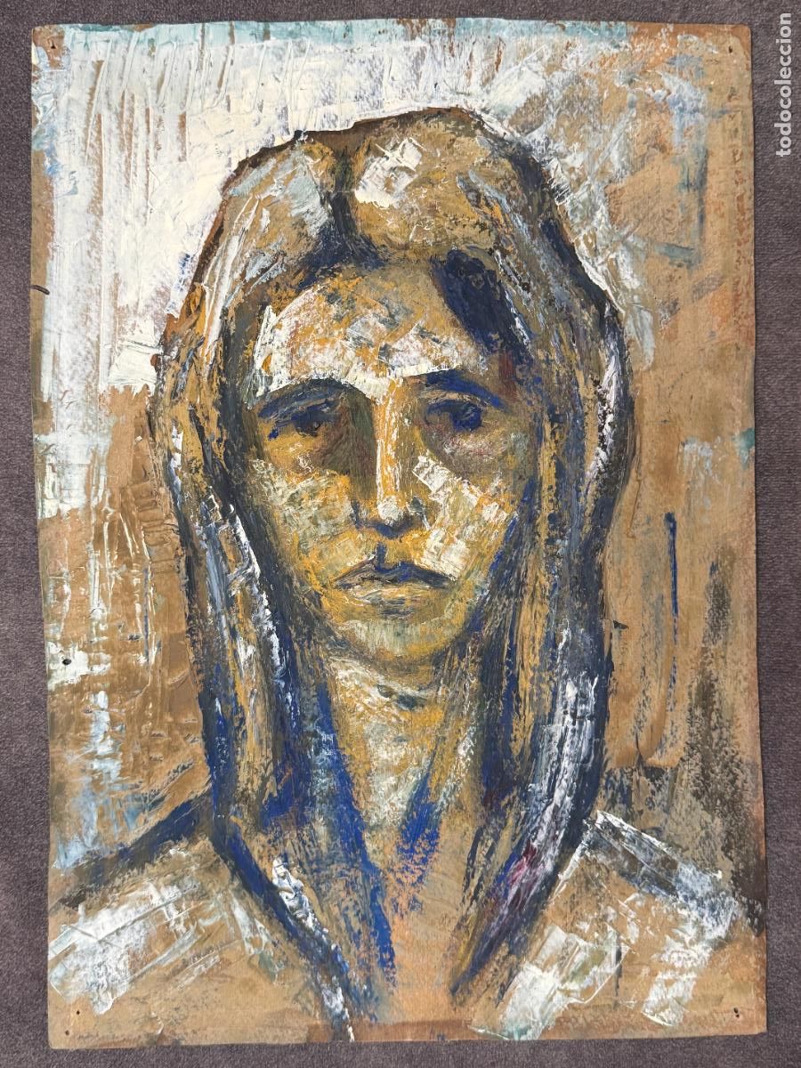 Arte: Retrato femenino , &oacute;leo sobre cart&oacute;n con origen M&aacute;laga , sin firmar , 1950s.