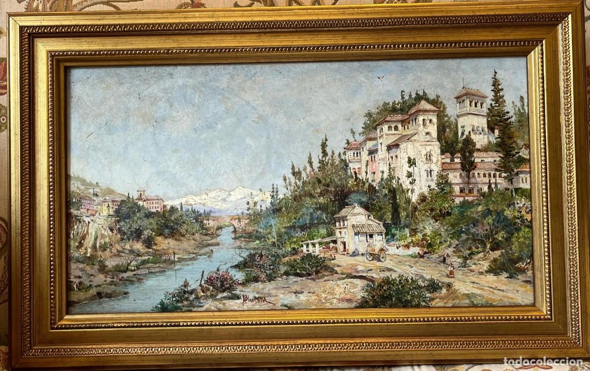 Arte: &Oacute;leo sobre tabla Rafael Blanco Merino (1864-1899) - Vista de Granada, Generalife y Sacromonte