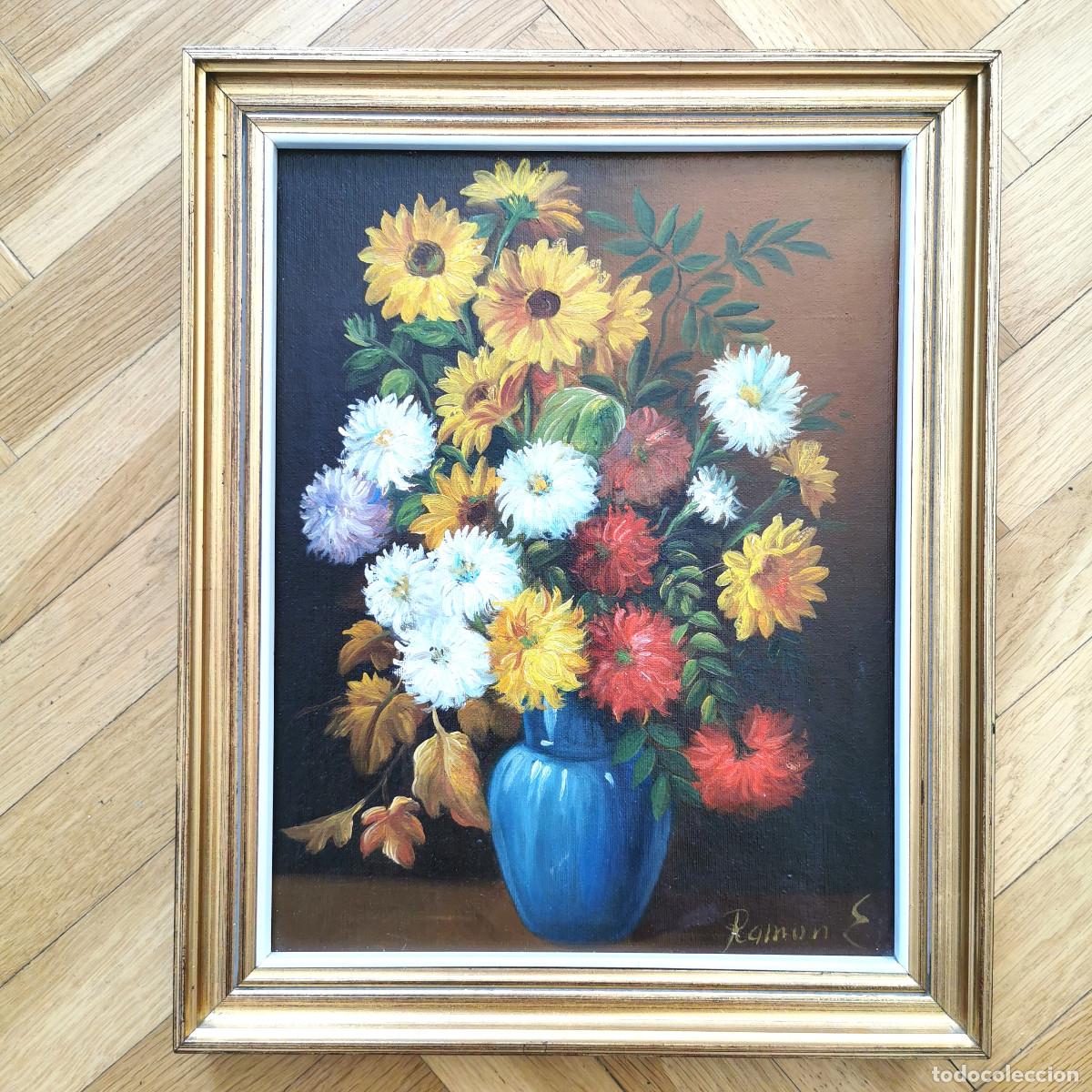 Arte: Cuadro original al &oacute;leo firmado Ram&oacute;n E. &ndash; gran bodeg&oacute;n de flores con marco dorado