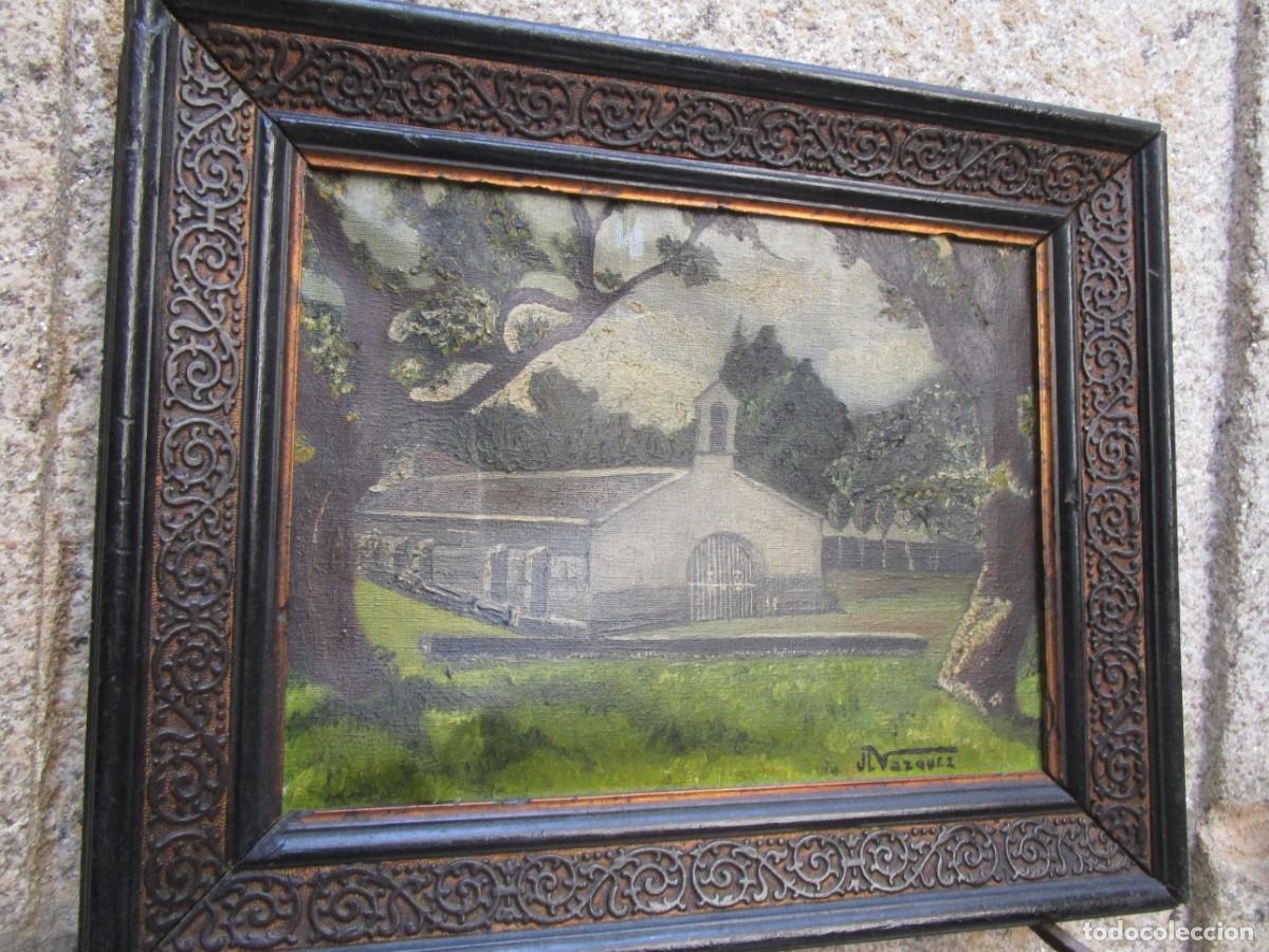 Arte: CUADRO OLEO SOBRE LIENZO, PAISAJE CON ERMITA, FIRMADO &rdquo;J .L VAZQUEZ &rdquo;, MOLDURA ESTUCADA 47X39CM. +