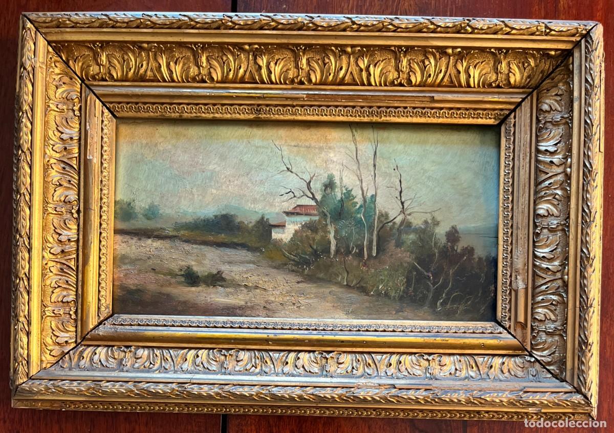 Arte: Paisaje rural con casa y arbolado, &oacute;leo sobre tabla del siglo XIX, firmado, marco dorado de &eacute;poca