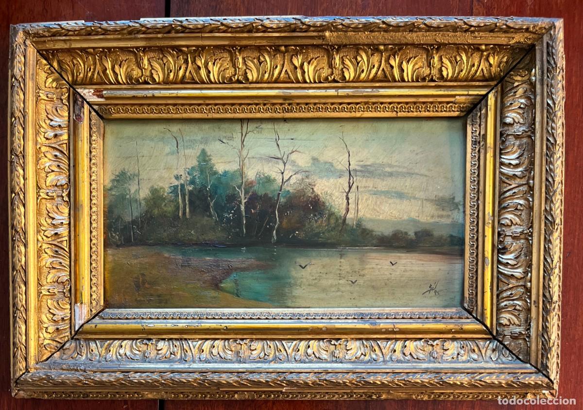 Arte: Paisaje lacustre con arbolado y aves, &oacute;leo sobre tabla firmado y fechado en 1895, marco dorado de