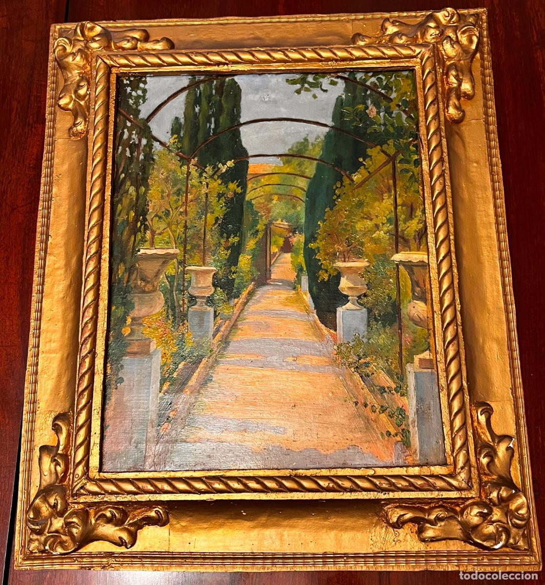 Arte: Antiguo &oacute;leo sobre lienzo que representa un luminoso paseo de los jardines del Generalife, en el con