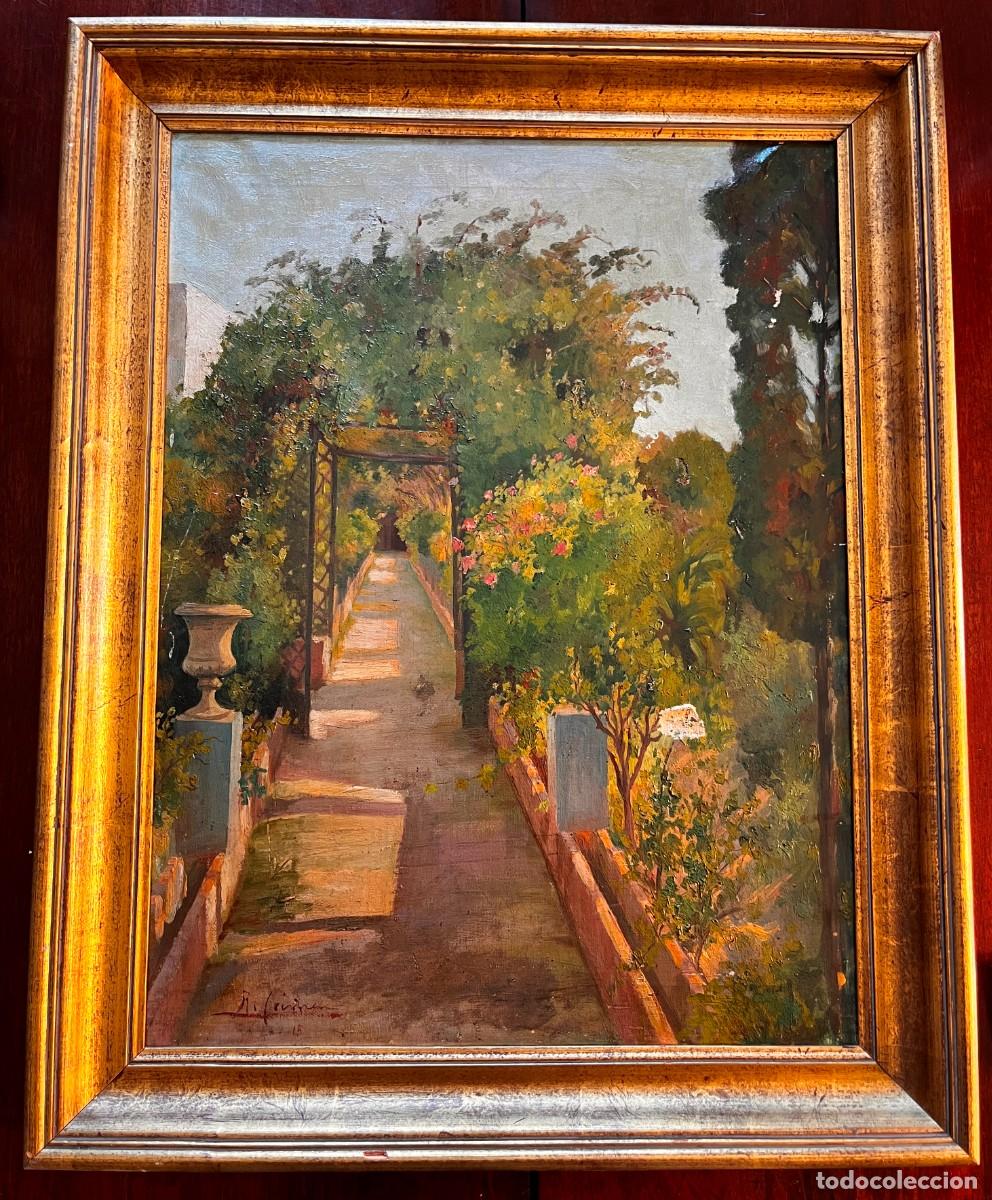 Arte: &oacute;leo sobre lienzo de escuela espa&ntilde;ola, probablemente granadina, fechado aparentemente en 1915. La at