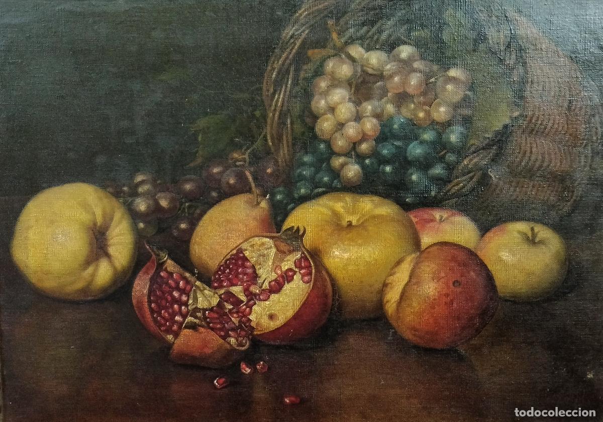 Arte: BODEG&Oacute;N CON MAGRANA, PERAS Y MANZANAS. CAYETANO BENAVENT (?). &Oacute;LEO SOBRE LIENZO. ESPA&Ntilde;A. XIX.