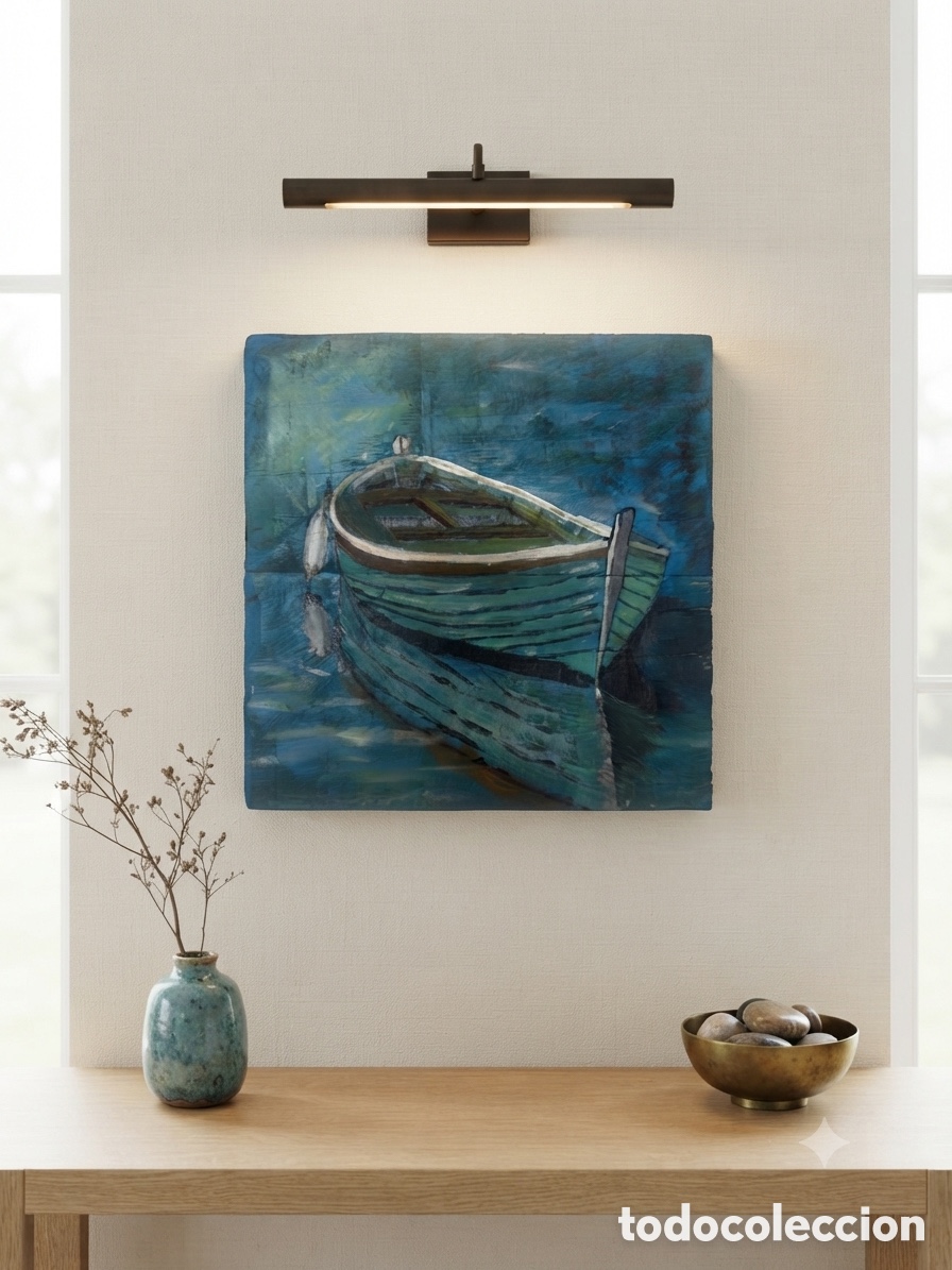Arte: Obra de Arte &Uacute;nica sobre Madera Pintada a Mano - Barco en Azul - 19,6 x 20 cm
