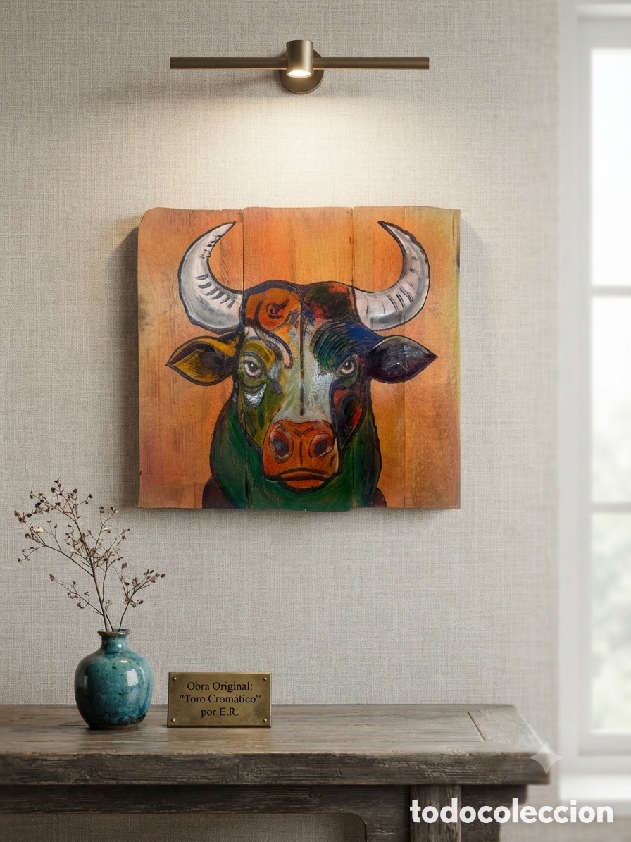 Arte: Obra de Arte Original sobre Madera - Toro Expresionista / Colorido - Pintura a Mano