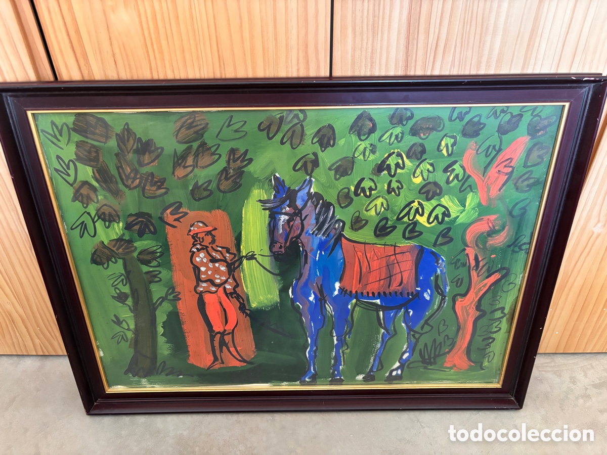Arte: Cuadro Expresionista - Jinete y Caballo Azul - Atribuido a JARDIEL - Firmado 1974