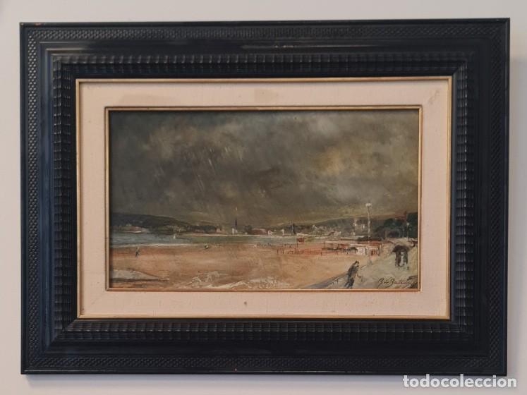Arte: &Oacute;leo sobre tabla &rdquo;Playa de Biarritz bajo la lluvia&rdquo; de Rafael de Basterra Lombardero (Bilbao, 1940)
