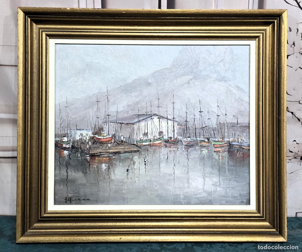 Arte: Oleo sobre lienzo firmado &rdquo;Astilleros del puerto de Calpe&rdquo;.