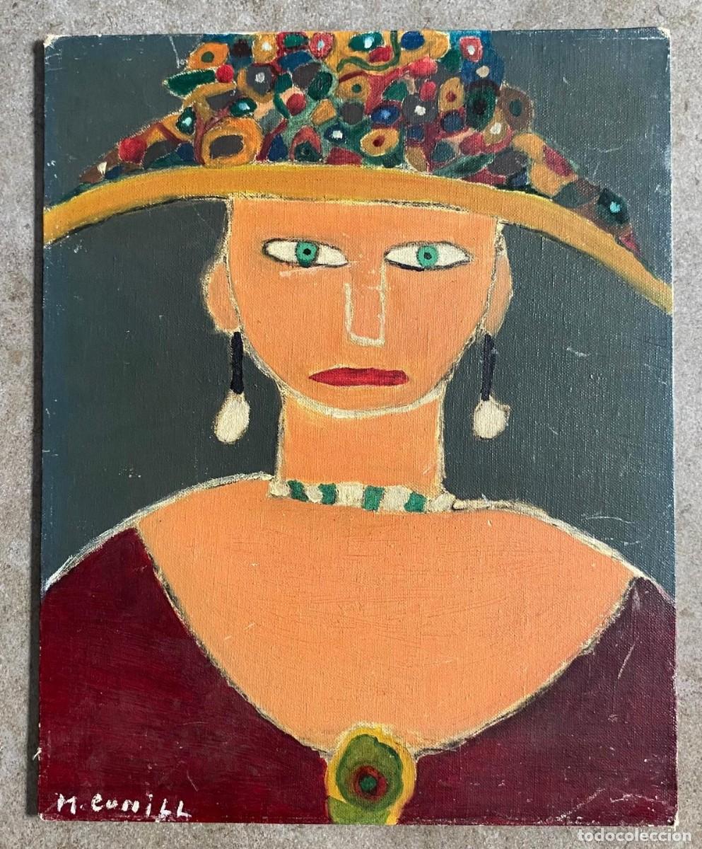 Arte: Retrato na&iuml;f de mujer con sombrero, 1960's, pintura sobre tela, escuela catalana, firmado M. Cunill