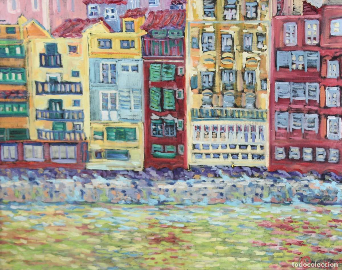 Arte: JOSEFA CUSTO PILA (1958) OLEO SOBRE TELA. CASAS JUNTO EL RIO. 65 X 81 CM.