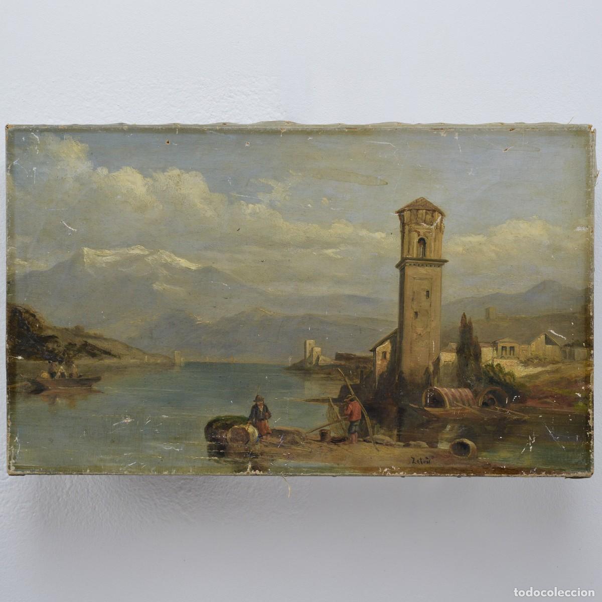 Arte: 19th Century Italian Romantic Alpine Lake Village Landscape Oil Canvas Signed