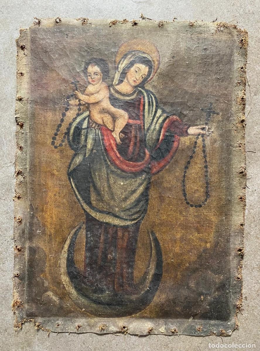 Arte: Virgen Mar&iacute;a y ni&ntilde;o Jes&uacute;s, pintura al &oacute;leo sobre tela, siglo XVIII.