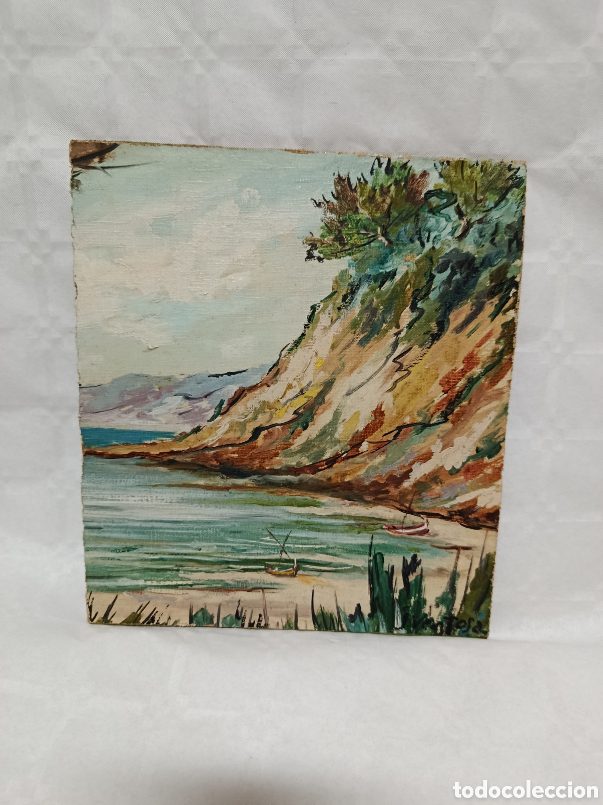 Arte: Oleo sobre lienzo y tabla Firmado J Ventosa paisaje costero de una cala