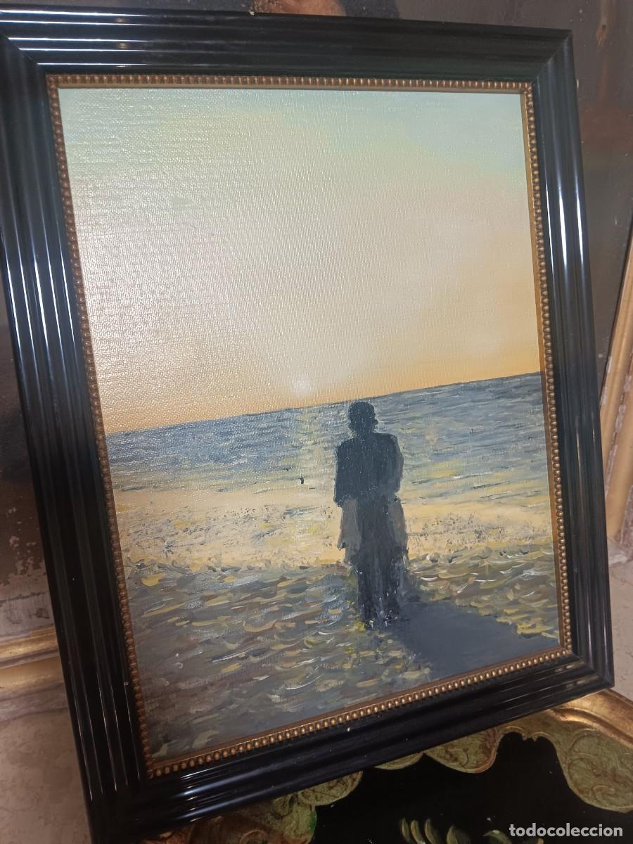 Arte: obra impresionista al &oacute;leo que muestra una figura solitaria contemplando el mar al atardecer.El esti