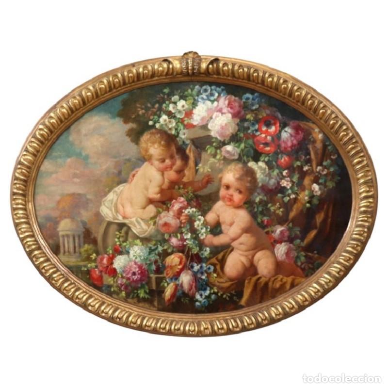 Arte: Querubines con flores, pintura al &oacute;leo sobre tabla firmada, Italia, principios del siglo XX