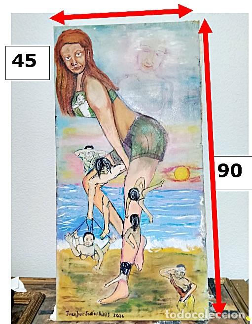 Arte: PINTURA AL OLEO &rdquo;UNA PELIRROJA EN LA PLAYA CON NI&Ntilde;OS&rdquo;. de JJ SANTOS RIVAS.