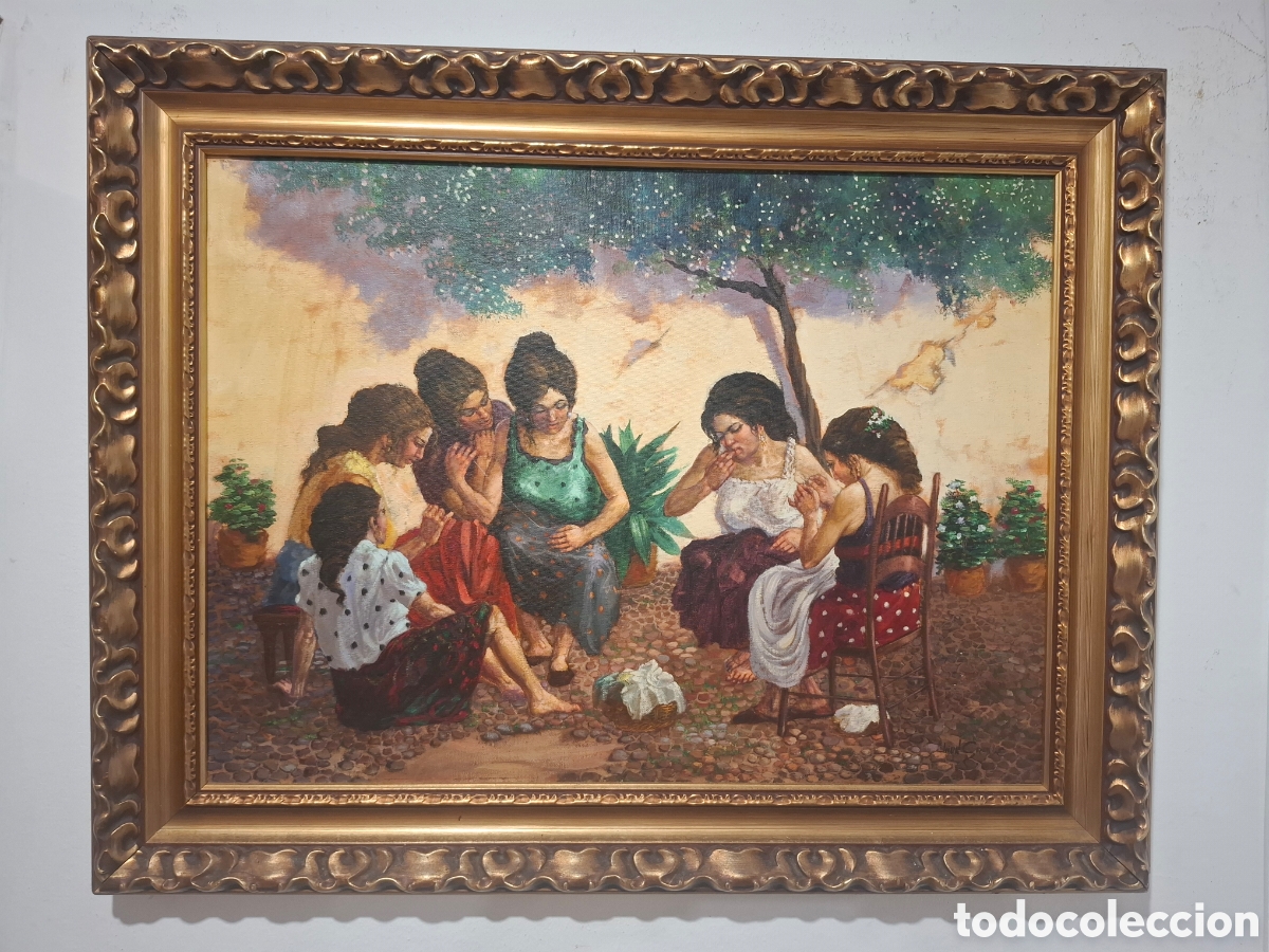 Arte: Oleo sobre lienzo juan grande gitanas cosiendo en un patio 74x58
