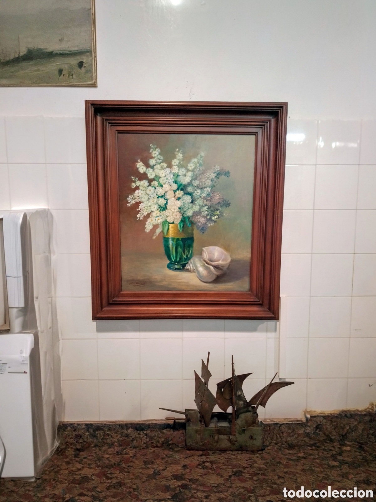 Arte: Gran &Oacute;leo sobre Lienzo Bodeg&oacute;n de Flores y Caracola &rdquo;Michoac&aacute;n&rdquo; - Firmado L. Cerd&aacute;
