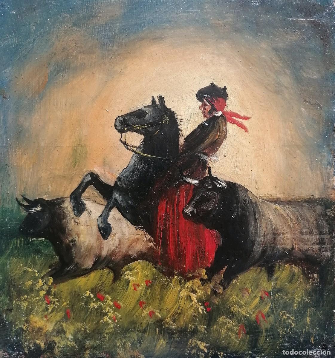 Arte: Seguidor de Francisco de Goya, &oacute;leo/tabla 20 x 19 cm. Garrochista. Con marco.
