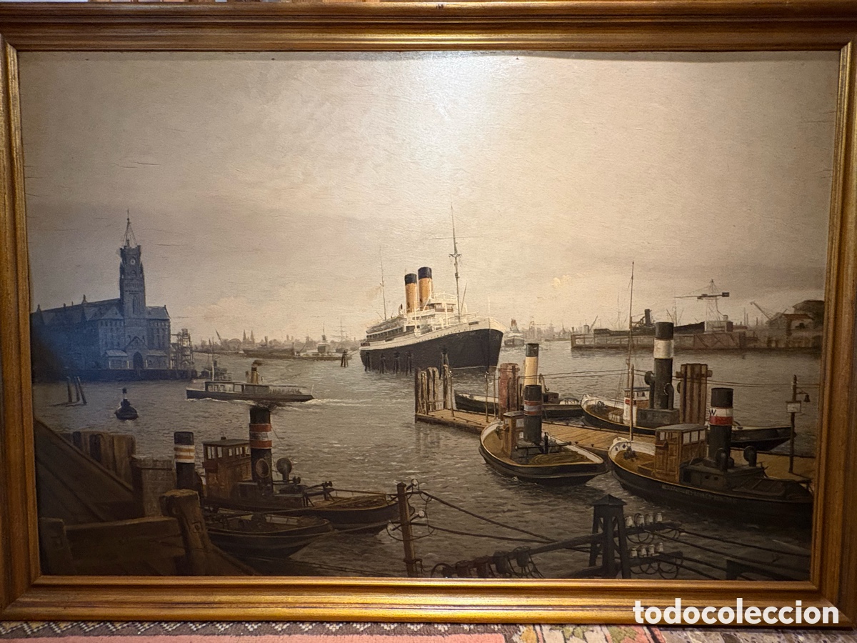 Arte: Gran &oacute;leo marinista de principios del siglo XX. Puerto con transatl&aacute;ntico y remolcadores