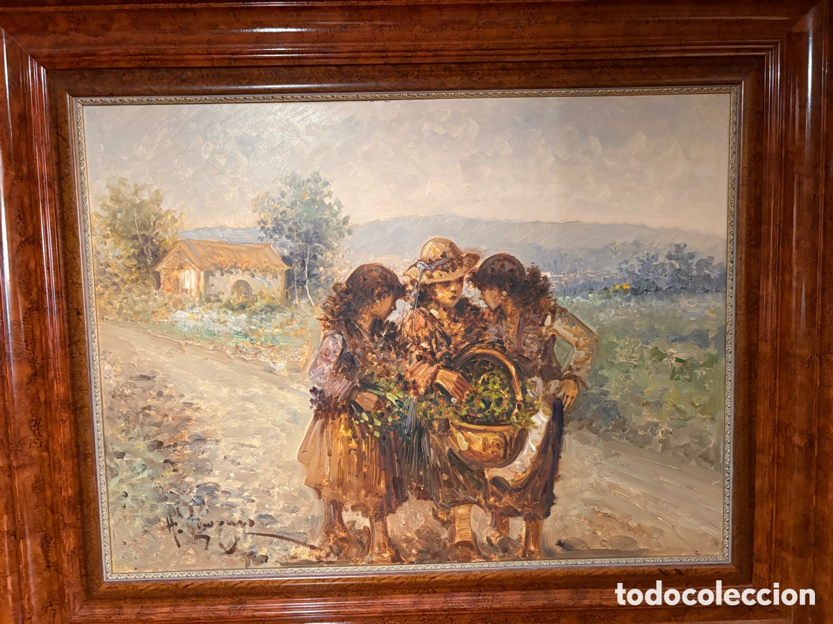 Arte: &Oacute;leo impresionista sobre lienzo &ndash; Escena costumbrista de vendimiadoras