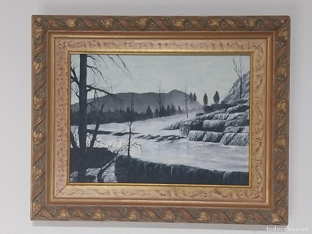 Arte: Pintura al &Oacute;leo Original - Paisaje Invernal Monocrom&aacute;tico con Marco Dorado (45 x 36 cm.)