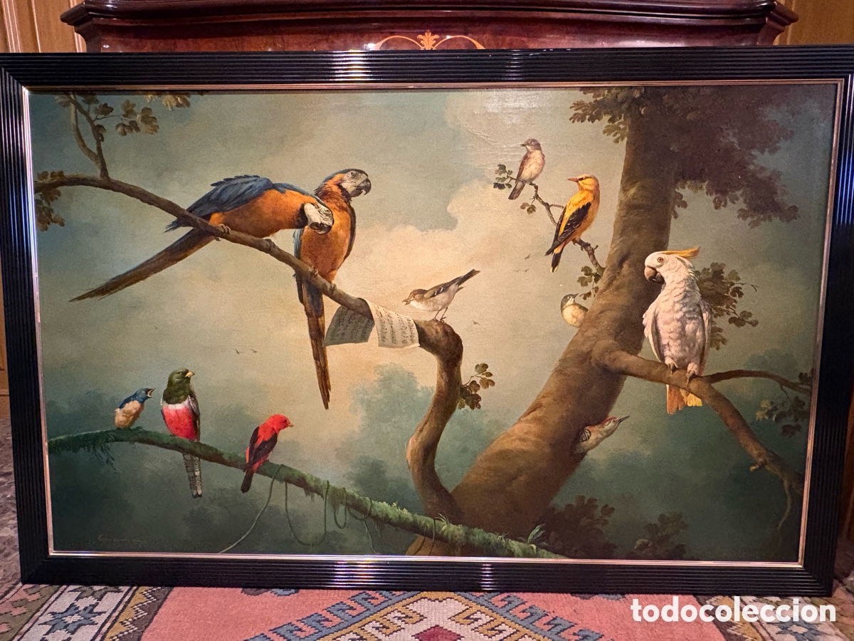 Arte: Gran &oacute;leo sobre lienzo de aves ex&oacute;ticas &ndash; Estilo barroco holand&eacute;s &ndash; Guacamayos y cacat&uacute;a