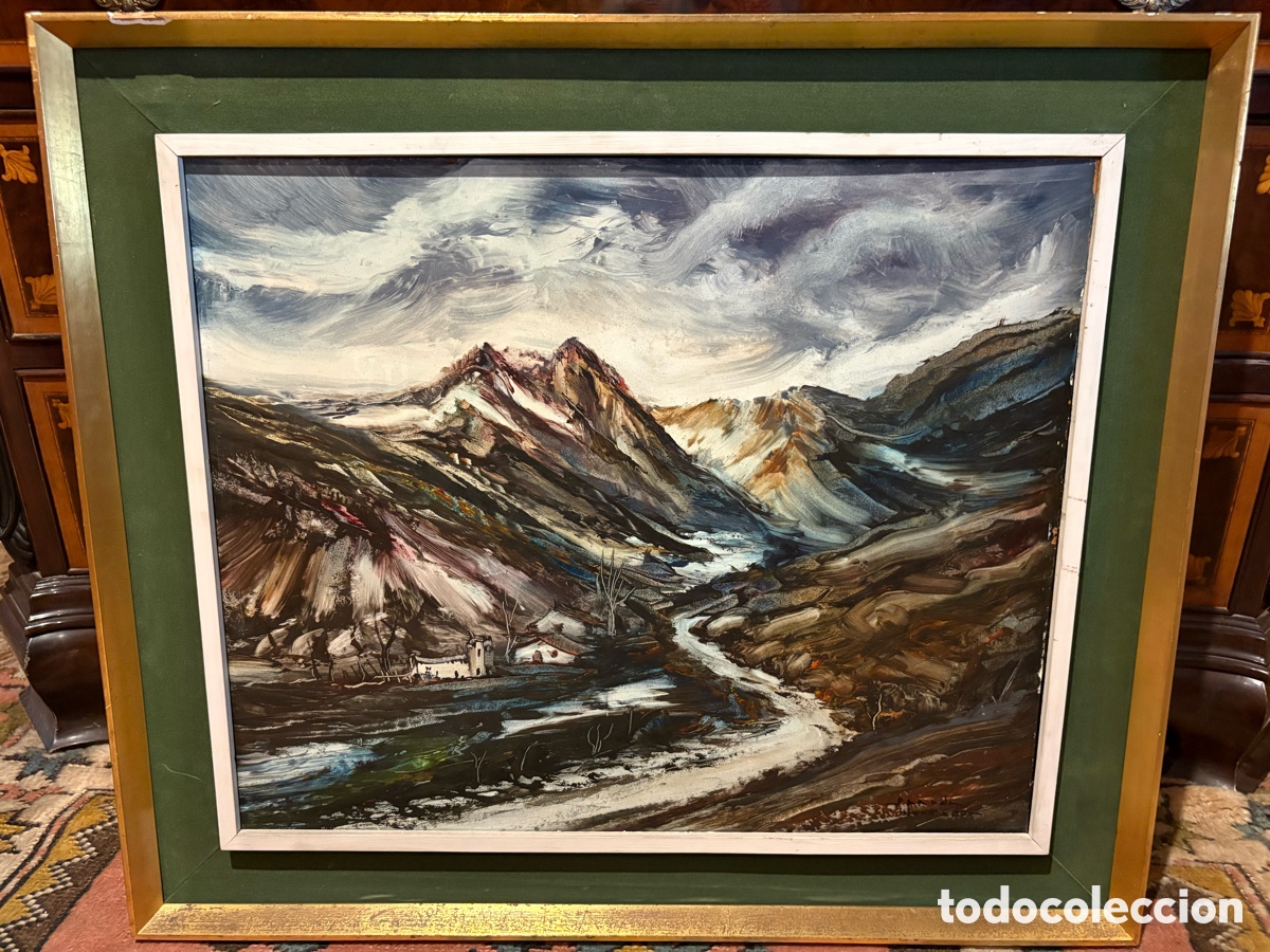 Arte: Gran &oacute;leo expresionista sobre lienzo &ndash; Paisaje de alta monta&ntilde;a con r&iacute;