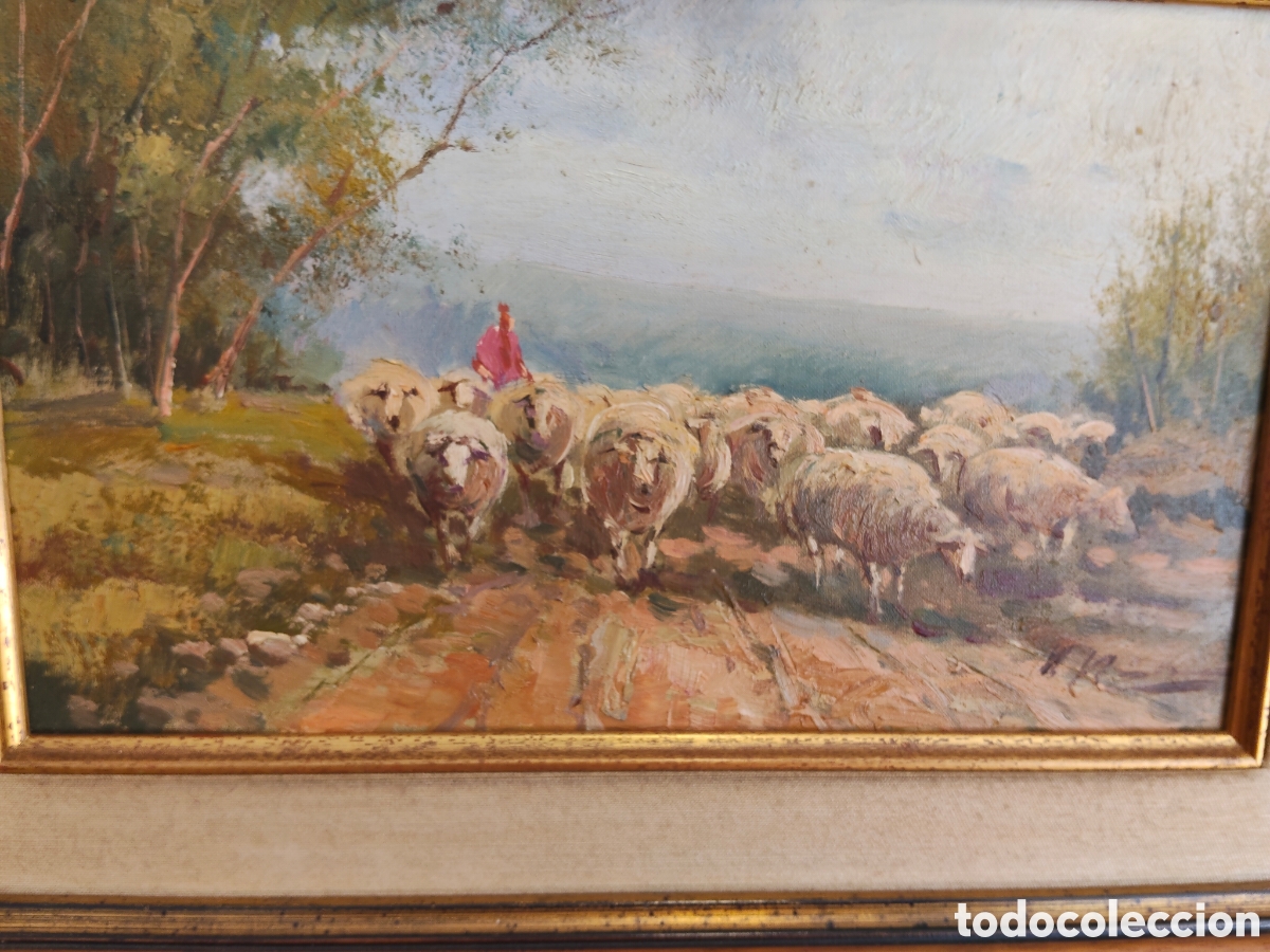 Arte: Magn&iacute;fico &oacute;leo sobre lienzo pastor con reba&ntilde;o