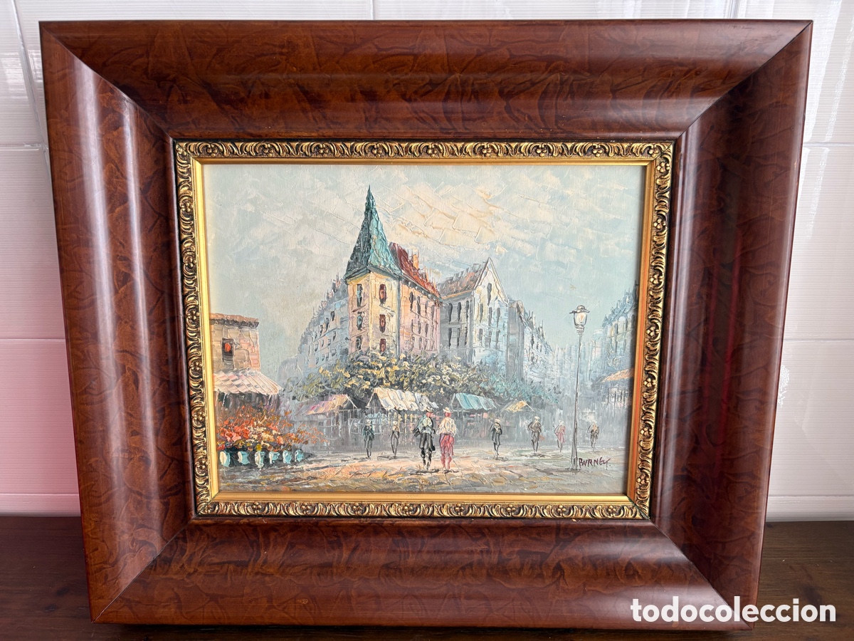 Arte: &Oacute;leo sobre lienzo firmado &ndash; Escena urbana con mercado de flores &ndash; Estilo impresionista