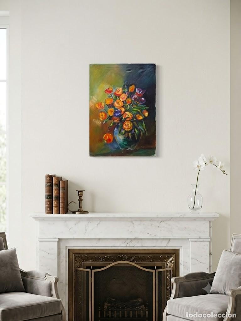 Kunst: Cuadro al &oacute;leo sobre lienzo, jarr&oacute;n con flores naranjas, autor desconocido.