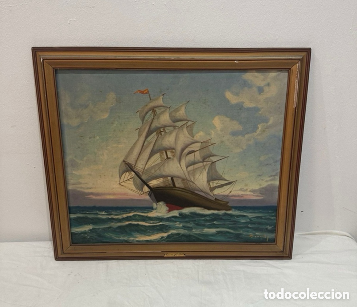 Arte: Antiguo &oacute;leo sobre lienzo marina con velero firmado y enmarcado Electrofit 1957.