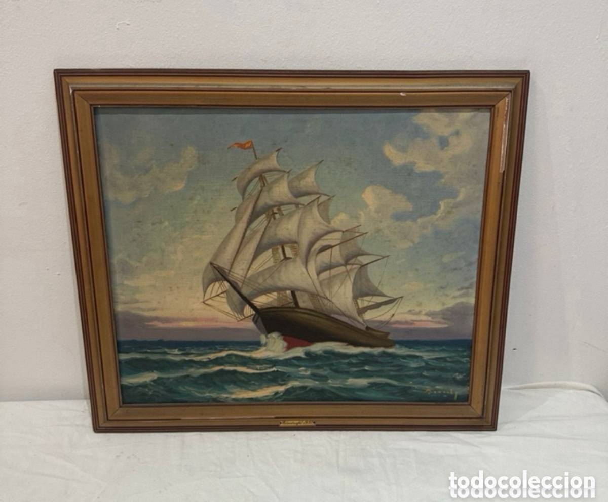 Arte: Antiguo &oacute;leo sobre lienzo marina con velero firmado y enmarcado Electrofit 1957.