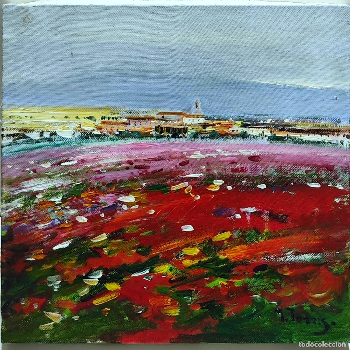 Arte: &Oacute;leo sobre lienzo. Paisaje de campo y pueblo. M Torreso. 22x22 cm