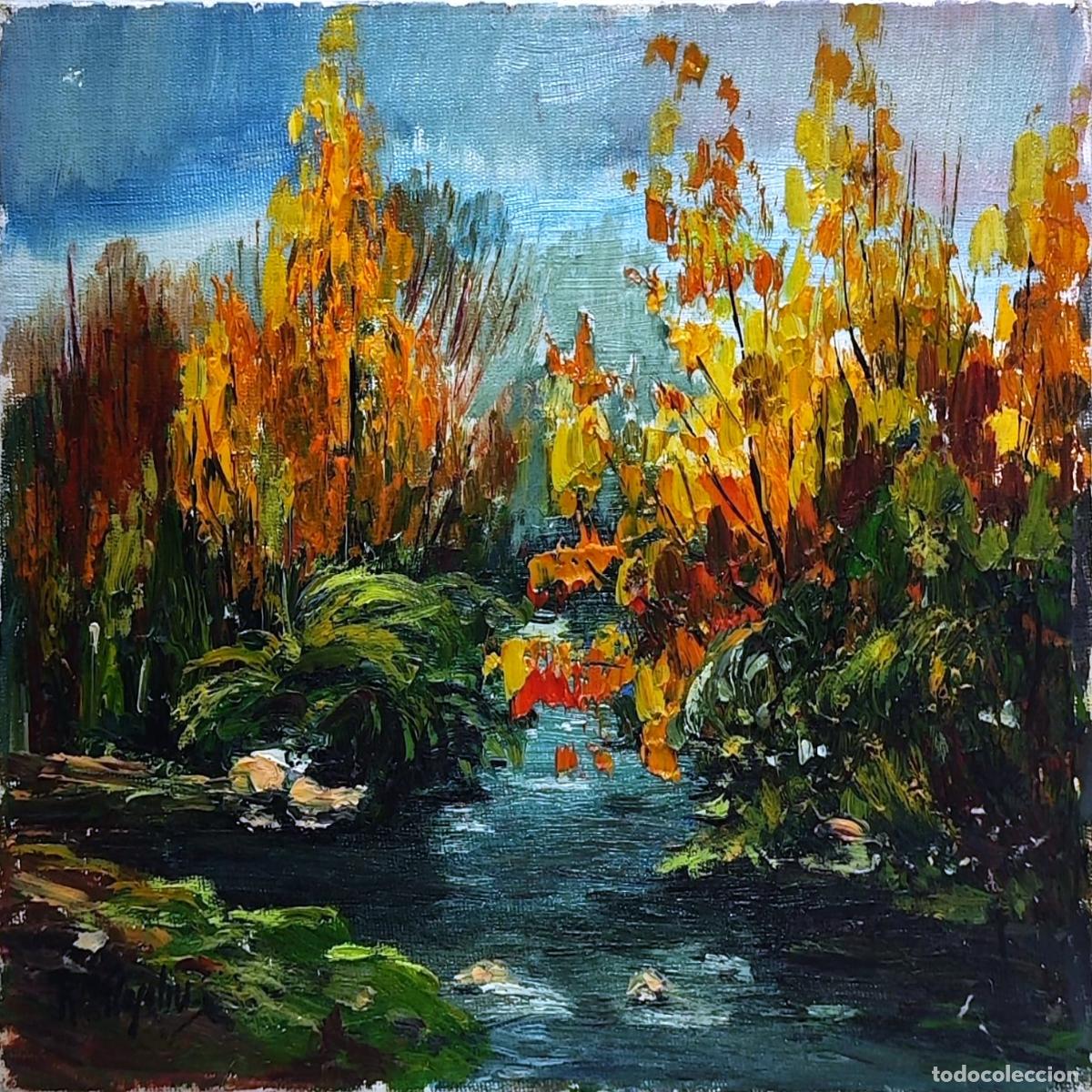 Arte: &Oacute;leo sobre lienzo. Paisaje oto&ntilde;al. R&iacute;o y &aacute;rboles. Obra firmada