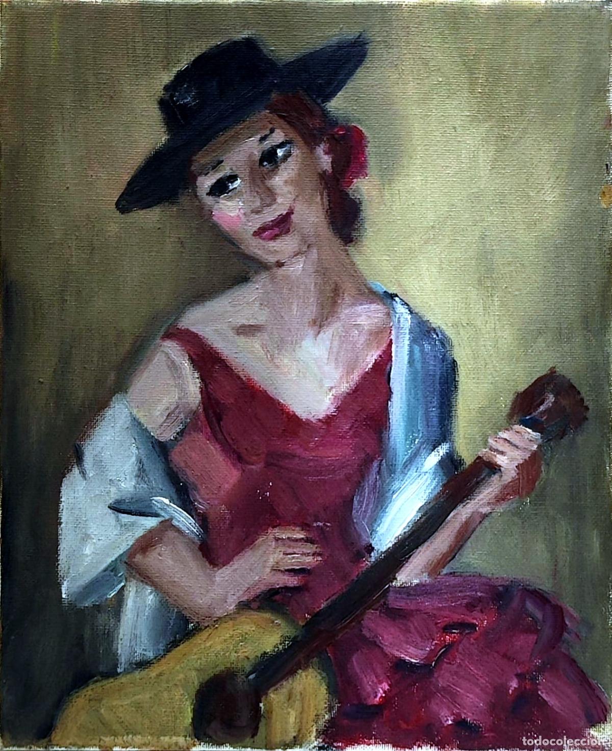 Arte: &Oacute;leo sobre lienzo. Mujer con guitarra. An&oacute;nimo. 22 x 27 cm