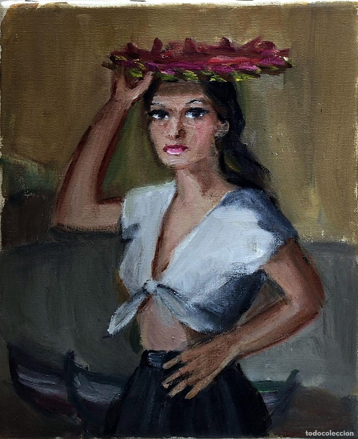 Arte: &Oacute;leo sobre lienzo. Retrato de mujer con cesta de flores