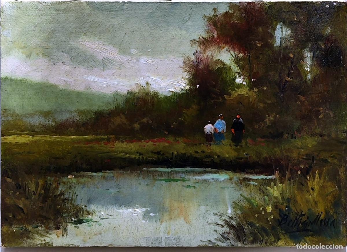 Arte: &Oacute;leo de Enric Beltr&aacute;n Messa. Paisaje con figuras junto al r&iacute;o. 33 x 24 cm