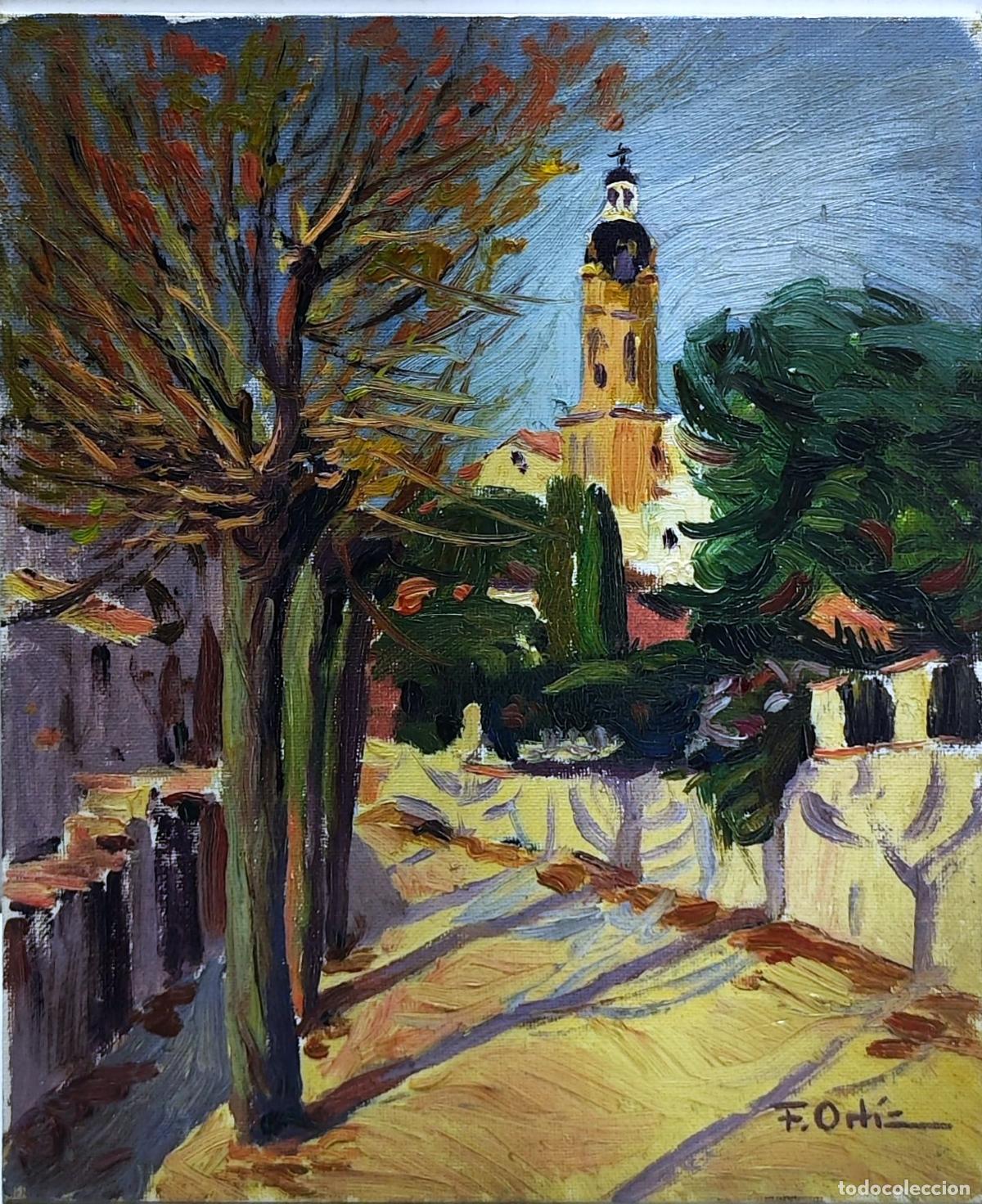 Arte: &Oacute;leo de F. Ortiz. Paisaje con torre y &aacute;rboles. 22 x 27 cm