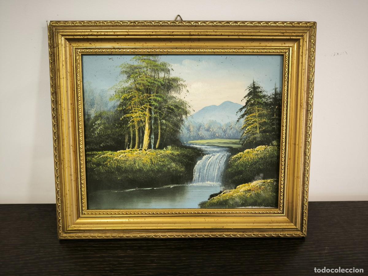Arte: &Oacute;leo Sobre Lienzo Paisaje Con Cascada Y Bosque &middot; Cuadro Firmado Con Marco Dorado Cl&aacute;sico