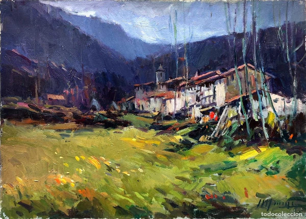 Arte: &Oacute;leo de Jaume Marin&eacute;. Paisaje de pueblo y monta&ntilde;a. 46 x 33 cm