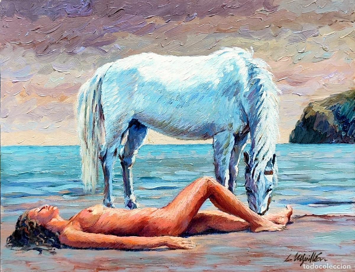 Arte: &Oacute;leo de L Guill&eacute;n. Caballo blanco y figura en la playa. 43 x 33 cm