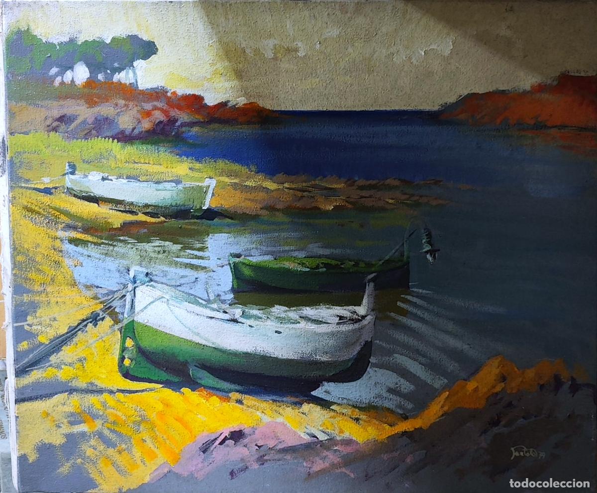 Arte: &Oacute;leo de Bartolo. Paisaje marino con barcas. 46 x 38 cm