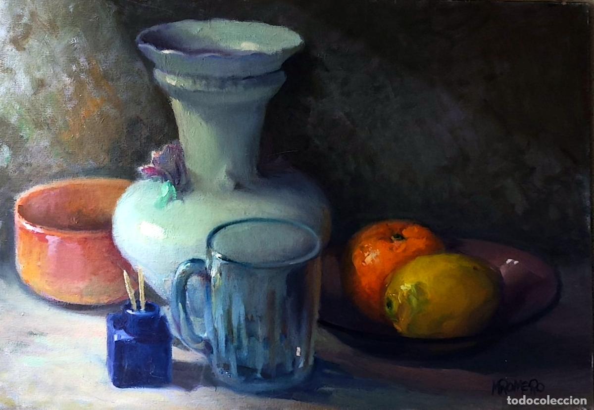 Arte: &Oacute;leo de M Romero. Naturaleza muerta con frutas y jarr&oacute;n. 55 x 38 cm