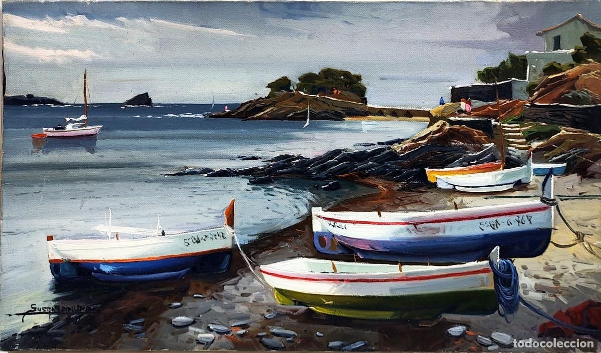 Arte: &Oacute;leo de Susana Pallares. Paisaje mar&iacute;timo con barcas. 46 x 27 cm